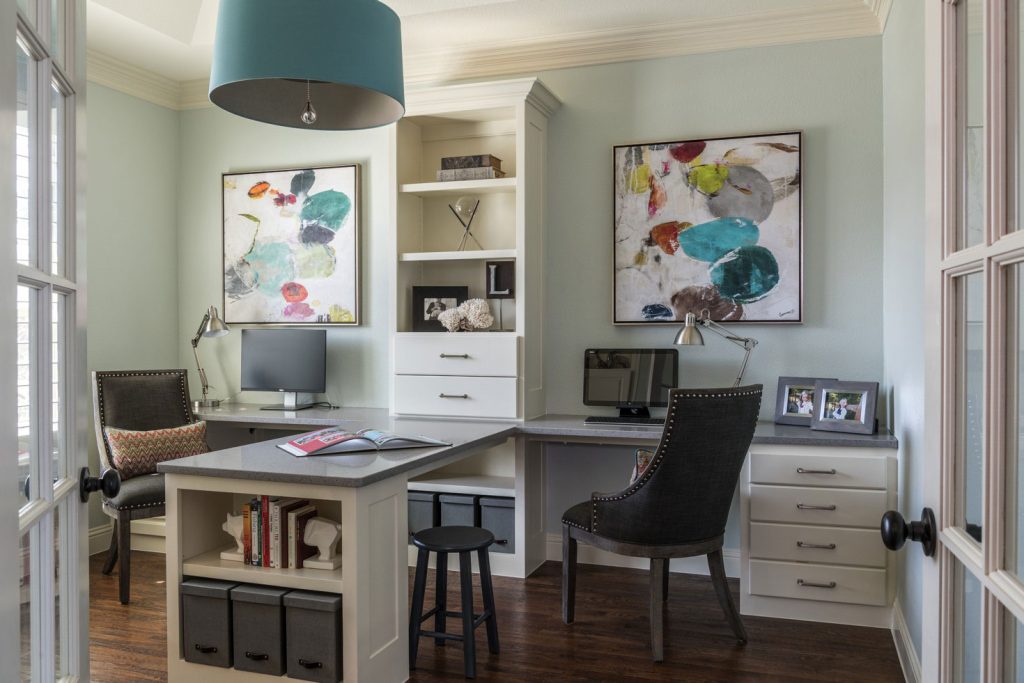 Custom family study interior design in aqua with modern art, Dallas, by Nicole Arnold Interiors