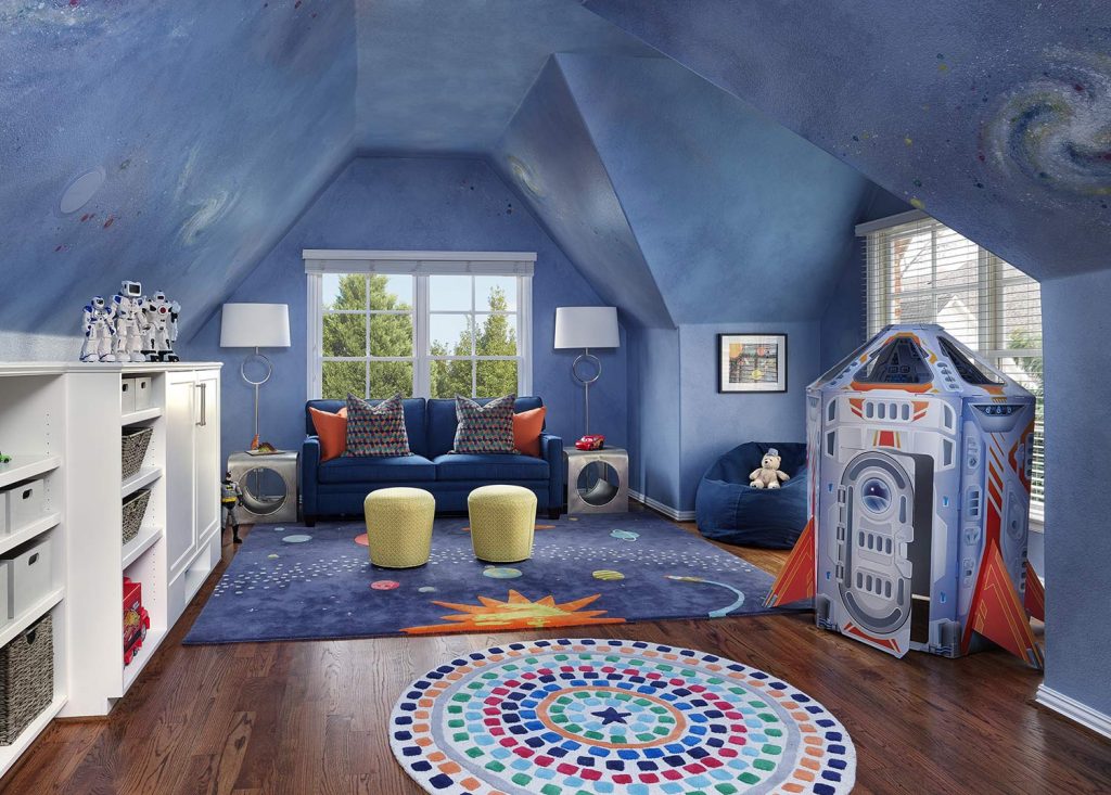Custom playroom interior design, stars planets outer space theme, Dallas, by Nicole Arnold Interiors