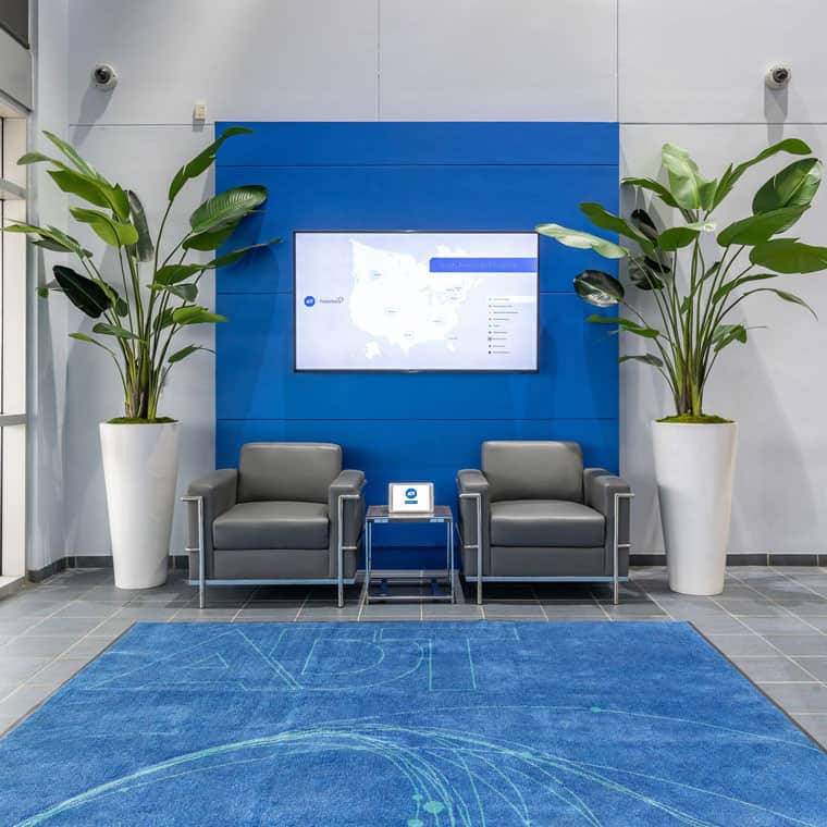 modern office reception area interior design, ADT headquarters, Dallas, by NIcole Arnold Interiors