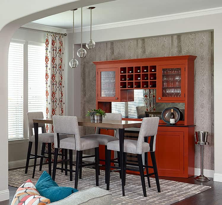wood look wallpaper in dining area